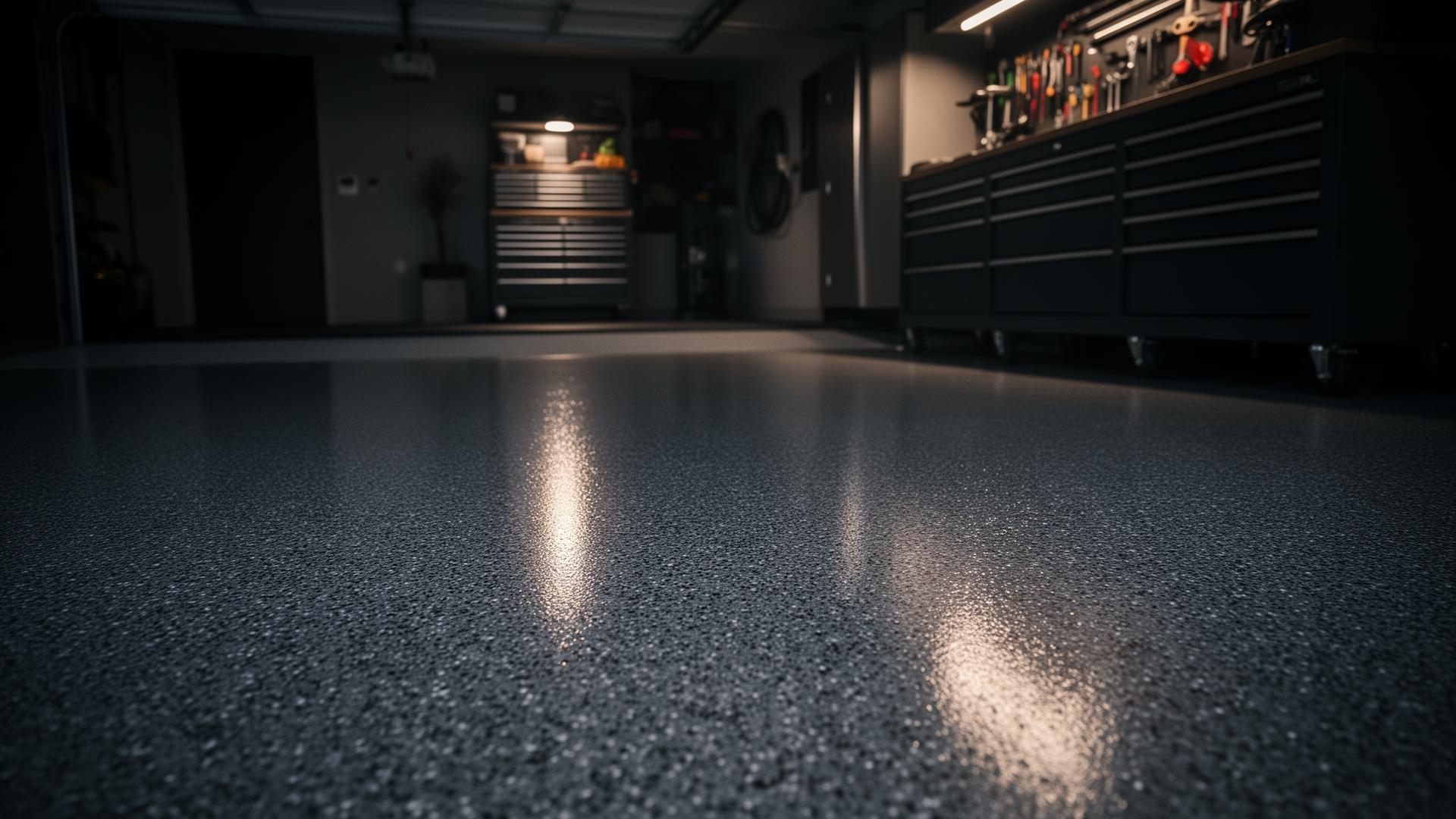 Polyurea polyaspartic coated garage floor with mirror finish